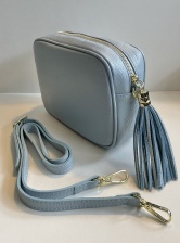 Powder Blue Leather Tassel Handbag by Hilly Horton Home