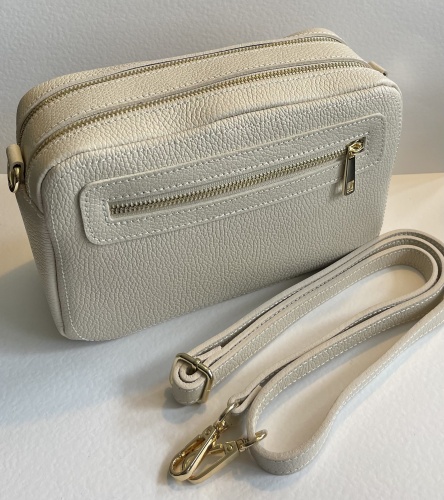 Natural, Cross Body, Double Zip, Leather Camera Handbag by Hilly
