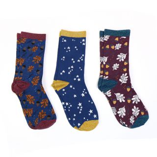 Ladies Blue & Burgundy Mix Leaf & Star Bamboo Sock Trio by Peace of Mind