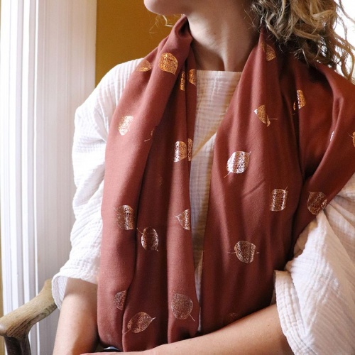 Rust Scarf with Rose Gold Skeleton Leaf Print by Peace of Mind