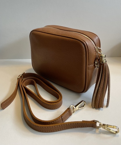 Tan Leather Tassel Handbag by Hilly Horton Home