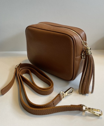 Tan Leather Tassel Handbag by Hilly Horton Home