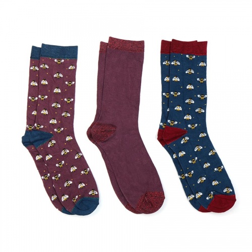 Ladies Blue & Burgundy Mix Bee Bamboo Sock Trio by Peace of Mind