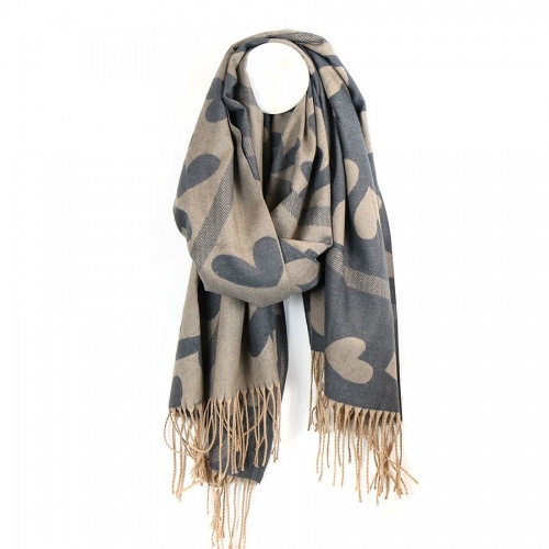 Grey & Taupe Jaquard Hearts Reversible Scarf by Peace of Mind