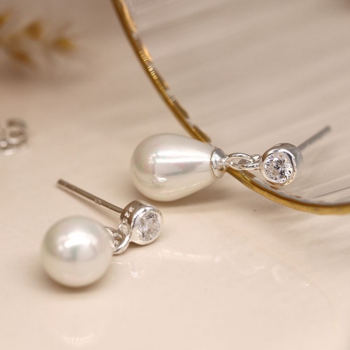 Sterling Silver Shell Pearl Drop and Crystal Earrings by Peace of Minds