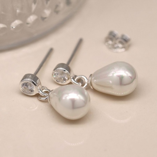 Sterling Silver Shell Pearl Drop and Crystal Earrings by Peace of Minds