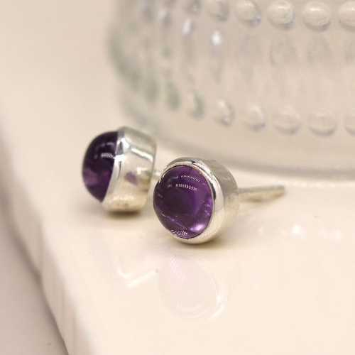 Sterling Silver Amethyst Cab Round Stud Earrings by Peace of Mind