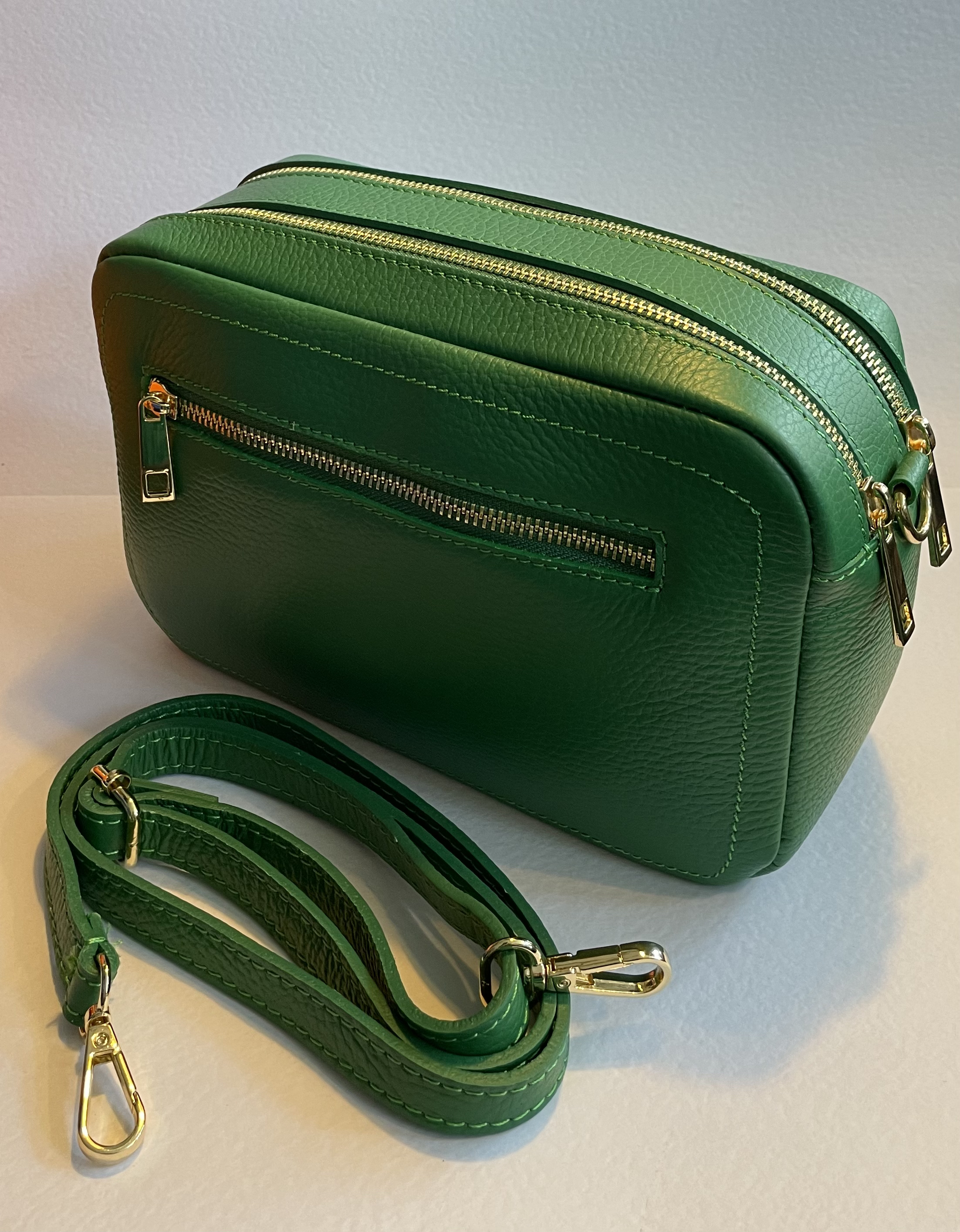 Lawn Green, Cross Body, Double Zip, Leather Camera Handbag by