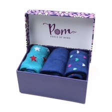 Ladies  Mixed Blues Heart, Star & Ankle Stripe Bamboo Sock Trio by Peace of Mind