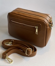 Tan, Cross Body, Double Zip, Leather Camera Handbag by Hilly Horton Home