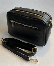 Black, Cross Body, Double Zip, Leather Camera Handbag by Hilly Horton Home